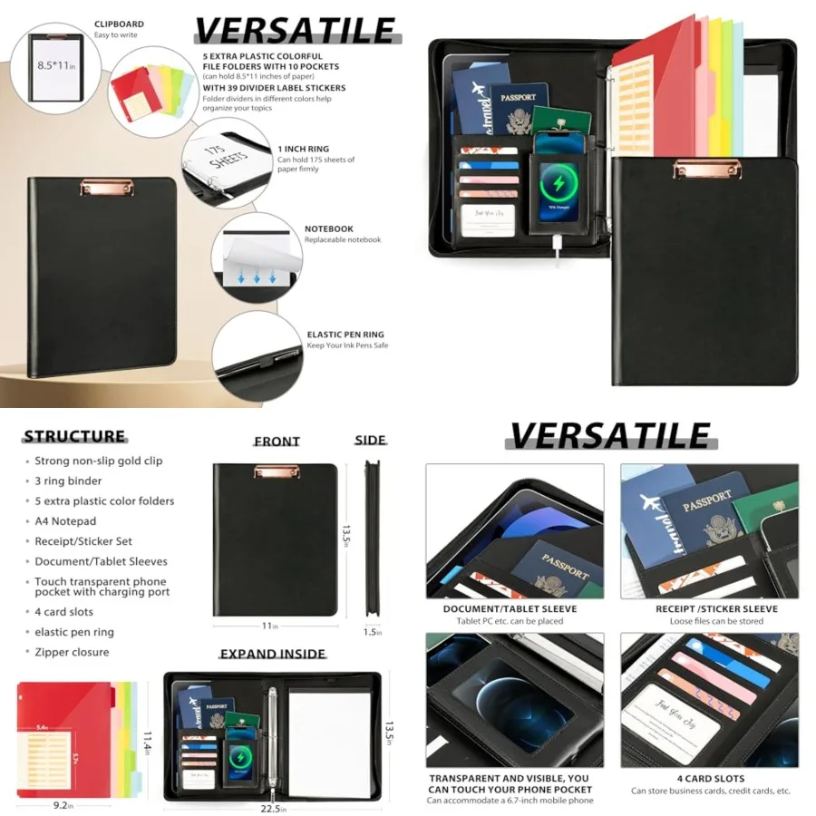 Leather Clipboard with Storage, Zippered Padfolio Portfolio Organizer, 3 Ring Binder 1 Inch, Notepad, Tablet Sleeve, 5 Dividers
Leather Clipboard with Storage, Zippered Padfolio Portfolio Organizer, 3 Ring Binder 1 Inch, Notepad, Tablet Sleeve, 5 Dividers