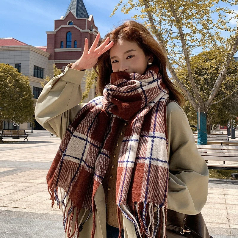 Зимний теплый женский клетчатый шарф, большой размер, кашемировые шарфы с имитацией улицы, мягкая шаль, ретро-бандана, накидки, утеплитель для шеи, деформация