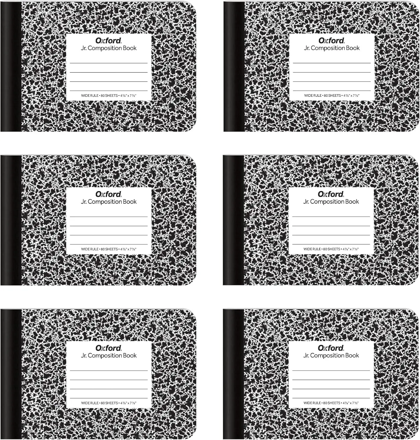 Half Size Composition Notebooks, 6 Pack, Wide Ruled, 80 Sheets Each, Black Marble Covers
Half Size Composition Notebooks, 6 Pack, Wide Ruled, 80 Sheets Each, Black Marble Covers