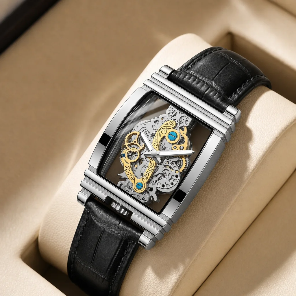 1pc Men's Skeleton Mechanical Watch Square Case Black Leather Strap Visible Gear Movement Trendy Elegant Fashion Wristwa
1pc Men's Skeleton Mechanical Watch Square Case Black Leather Strap Visible Gear Movement Trendy Elegant Fashion Wristwa
