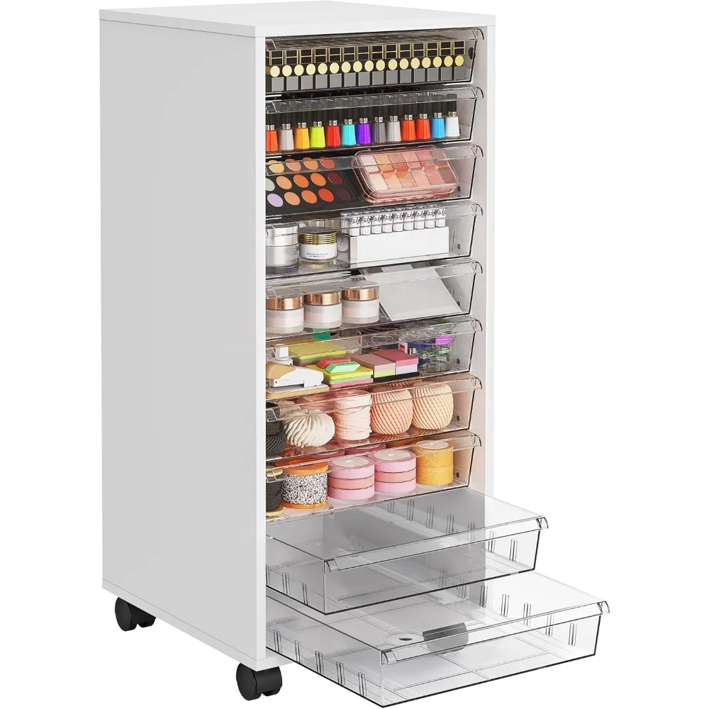 Mobile Storage Cart with 10 Clear Drawers, Rolling Wooden Cabinet for Cosmetics, Crafts, Office Supplies, Toys in White
Mobile Storage Cart with 10 Clear Drawers, Rolling Wooden Cabinet for Cosmetics, Crafts, Office Supplies, Toys in White
