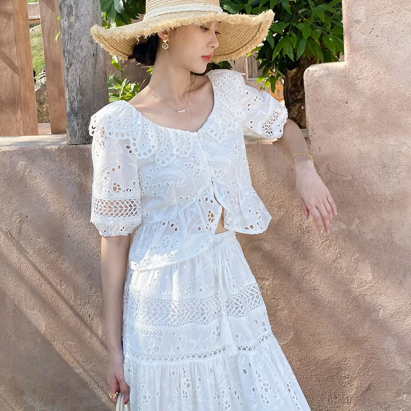 Summer New Women's Embroidered Set Half Skirt Vacation Style Cross-Border Cotton Fashion Set Single Color Pure Style
Summer New Women's Embroidered Set Half Skirt Vacation Style Cross-Border Cotton Fashion Set Single Color Pure Style