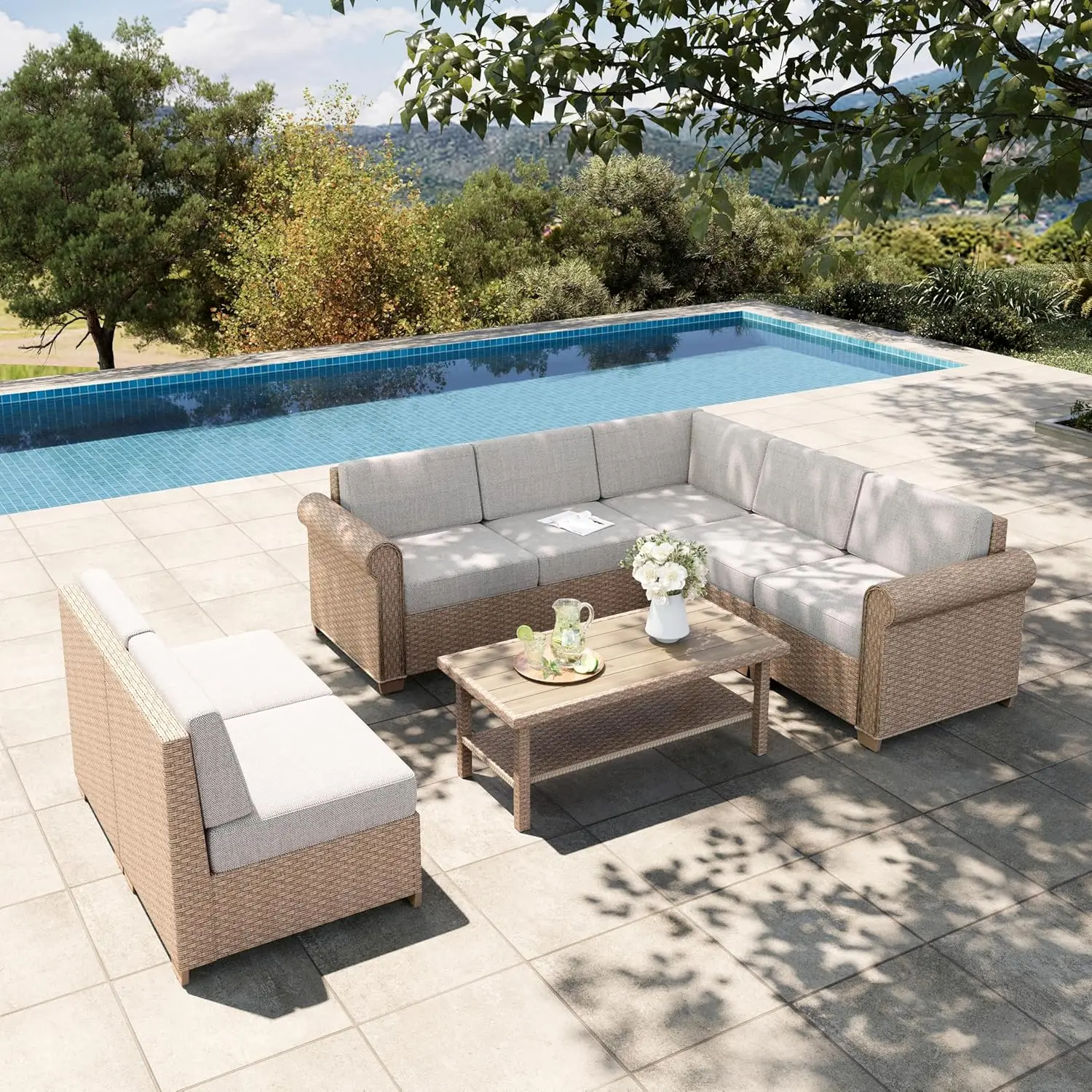 Комплект садовой мебели, всепогодный, 7-местный уличный секционный диван из ротанга с кофейным столиком 44 дюйма, водонепроницаемый, толщина 5,5 дюйма, на заказ
Комплект садовой мебели, всепогодный, 7-местный уличный секционный диван из ротанга с кофейным столиком 44 дюйма, водонепроницаемый, толщина 5,5 дюйма, на заказ