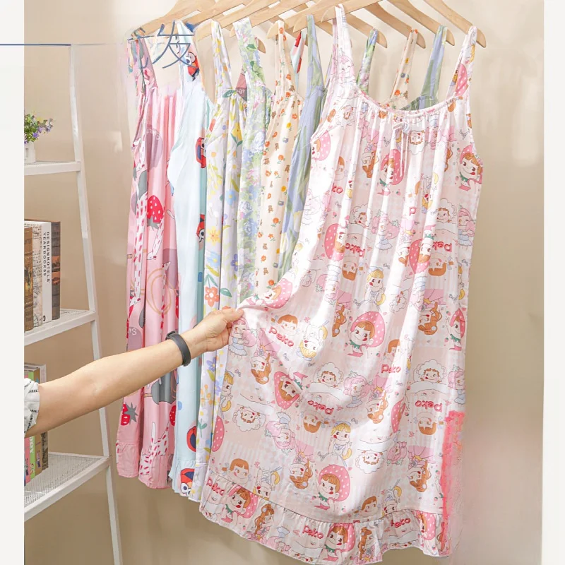 Summer Cotton Silk Strap Sleep Dress Women's Loose Cute Cartoon Artificial Cotton Nightgown Midi Skirt Style Home Clothes
Summer Cotton Silk Strap Sleep Dress Women's Loose Cute Cartoon Artificial Cotton Nightgown Midi Skirt Style Home Clothes