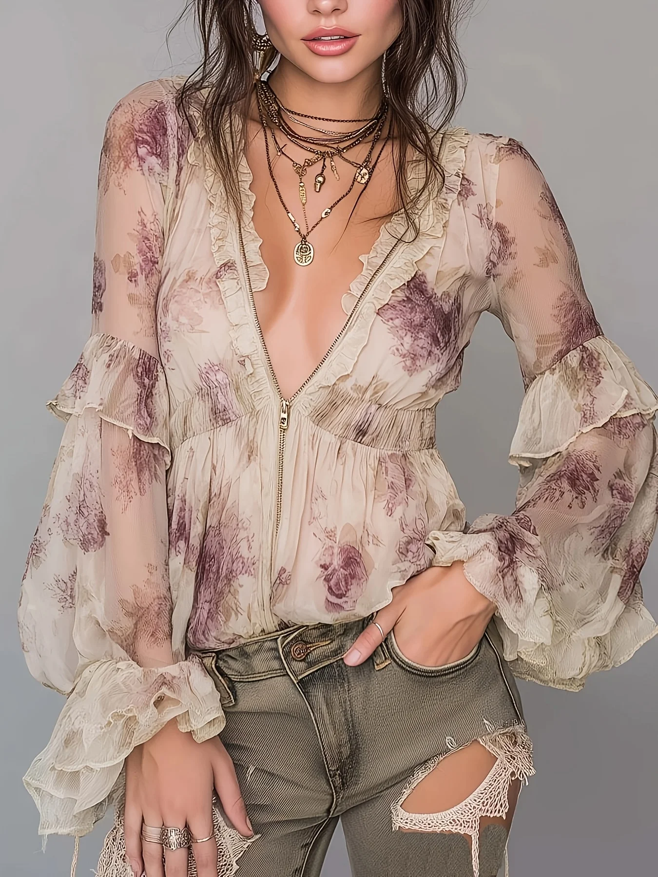 Floral Print Blouse Women's Deep V Neck Zip Front Ruffles Trim Flare Sleeve Top Vintage Boho Casual Elegant Tapered Waist Tops
Floral Print Blouse Women's Deep V Neck Zip Front Ruffles Trim Flare Sleeve Top Vintage Boho Casual Elegant Tapered Waist Tops