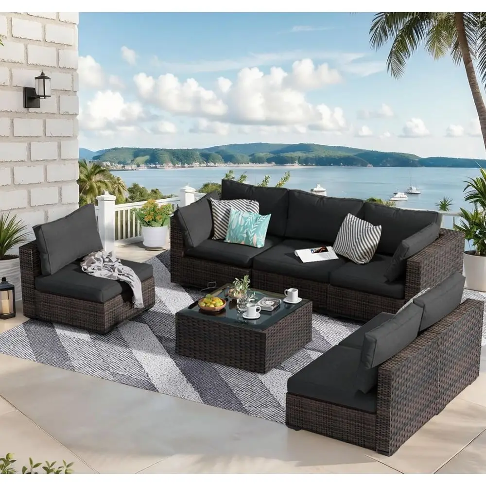7-Piece Outdoor Wicker Sectional Sofa Set - Weather-Resistant High-Back Couch with Cushions and Glass Table for Patio, Deck or P
7-Piece Outdoor Wicker Sectional Sofa Set - Weather-Resistant High-Back Couch with Cushions and Glass Table for Patio, Deck or P