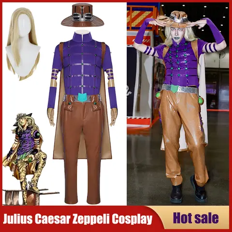 Anime Bizarre Adventure Gyro Zeppeli Cosplay Costume Steel Ball Run Julius Caesar Zeppeli Shirt Pants Cloak Hat Wig Full Sets