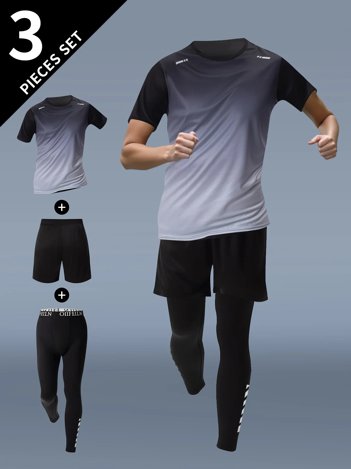 Men's fitness summer and autumn training short sleeve running speed dry clothes sports suit.
Men's fitness summer and autumn training short sleeve running speed dry clothes sports suit.