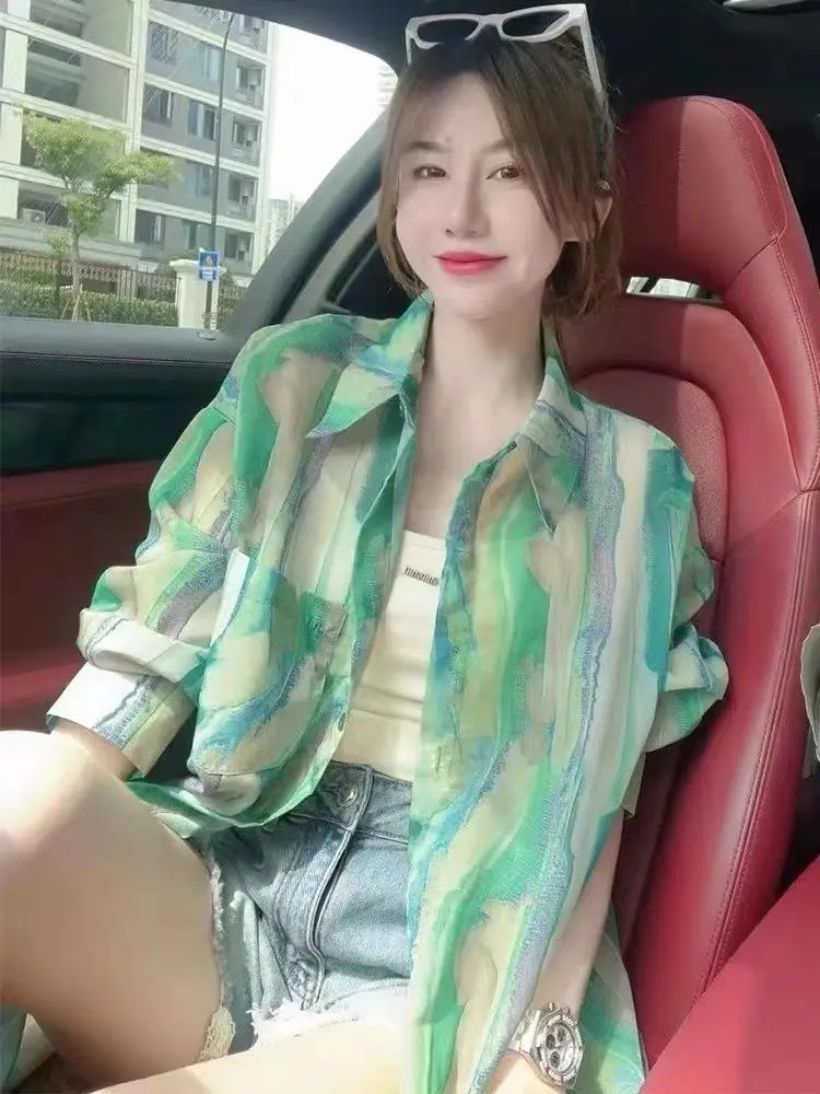 Summer Thin Loose Long Sleeve Women's Shirt Green Print Chiffon Sun Protection Striped Casual Style Fashionable Slimming Top
Summer Thin Loose Long Sleeve Women's Shirt Green Print Chiffon Sun Protection Striped Casual Style Fashionable Slimming Top