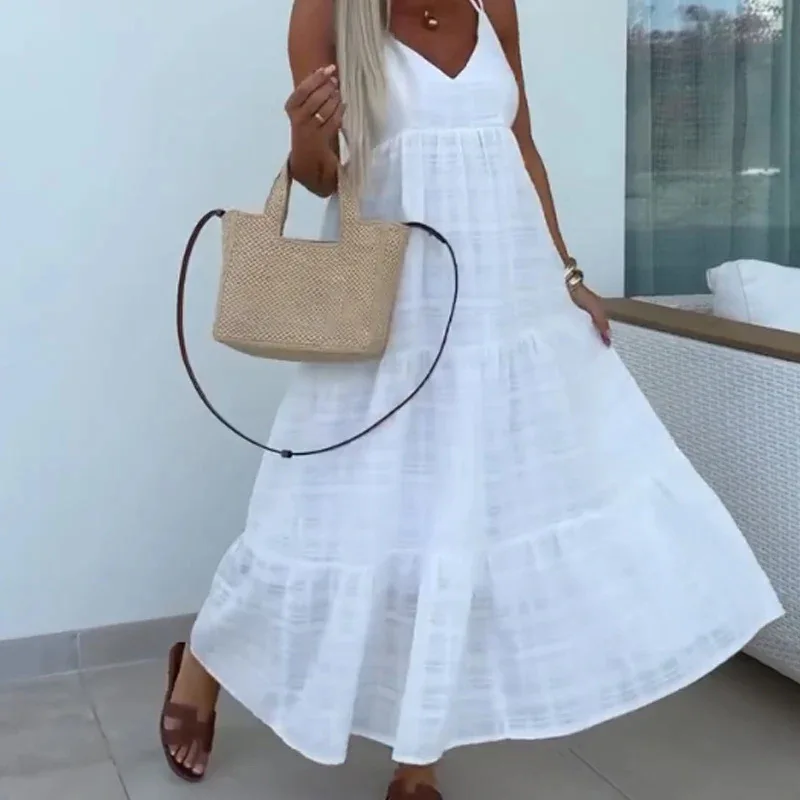 Lady Casual Sleeveless Loose Party Dress Chic Summer Solid V-Neck Bohemian Dress Elegant 2025 High Waist Draped Suspender Dress
Lady Casual Sleeveless Loose Party Dress Chic Summer Solid V-Neck Bohemian Dress Elegant 2025 High Waist Draped Suspender Dress