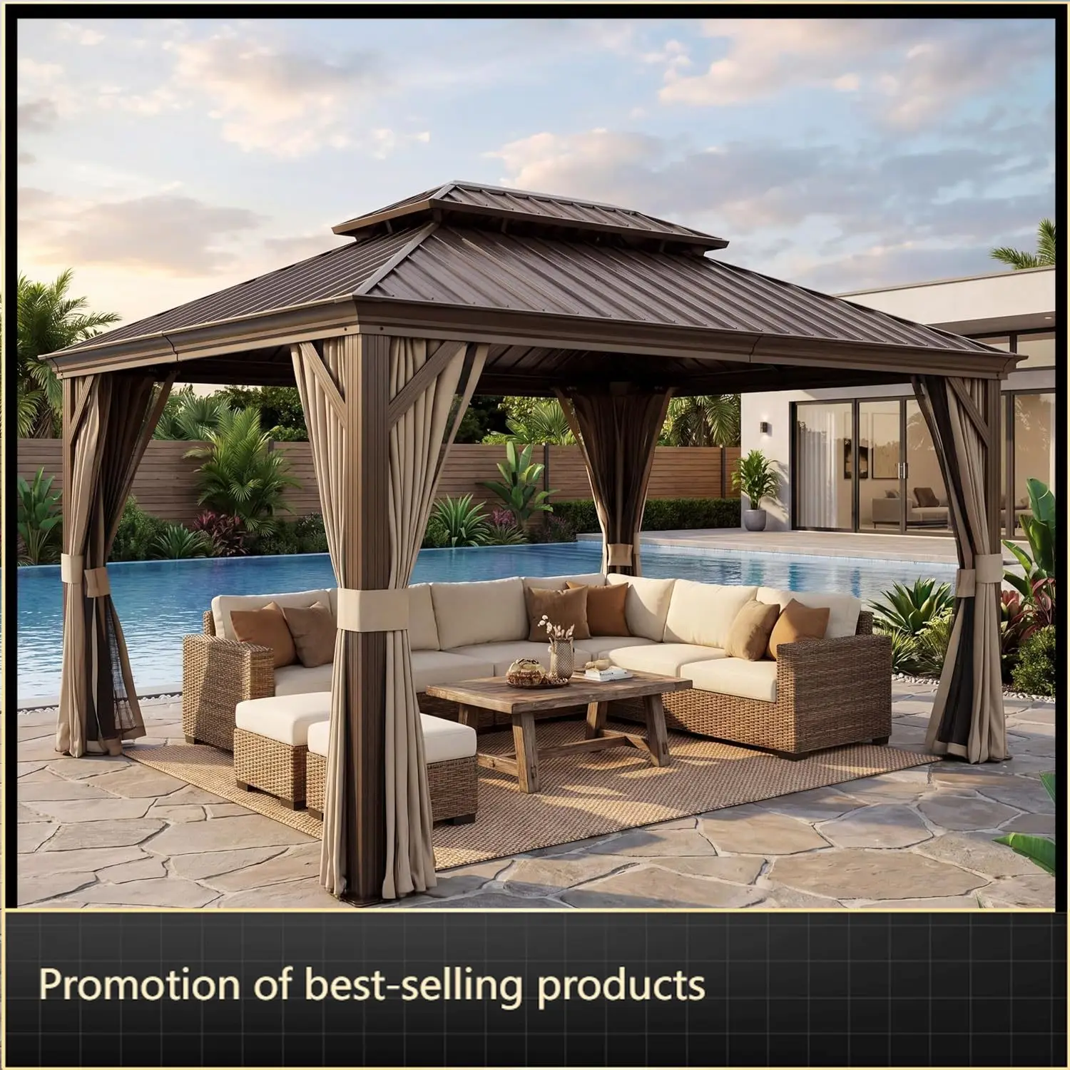 10'x12' Hardtop Gazebo with Nettings and Curtains, Waterproof Permanent Heavy Duty Double Hard Roofs Gazebos with Brown
10'x12' Hardtop Gazebo with Nettings and Curtains, Waterproof Permanent Heavy Duty Double Hard Roofs Gazebos with Brown