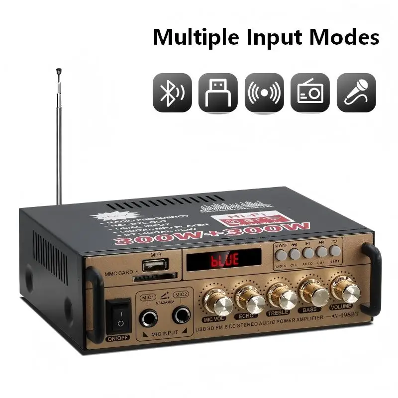 AV-198 HIFI BT усилитель, входное напряжение 220В/12В, для домашнего использования, двухканальный, поддерживает микрофон, SD-карту, USB-накопитель, радио, аудиовход
AV-198 HIFI BT усилитель, входное напряжение 220В/12В, для домашнего использования, двухканальный, поддерживает микрофон, SD-карту, USB-накопитель, радио, аудиовход