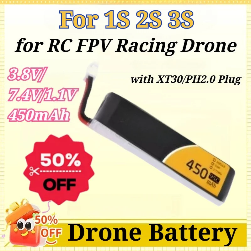 Lipo Battery 3.8V/7.4V/11.1V 450mAh 1S 2S 3S 95C with XT30/PH2.0 Plug RC Batteries for RC FPV Racing Drone
Lipo Battery 3.8V/7.4V/11.1V 450mAh 1S 2S 3S 95C with XT30/PH2.0 Plug RC Batteries for RC FPV Racing Drone