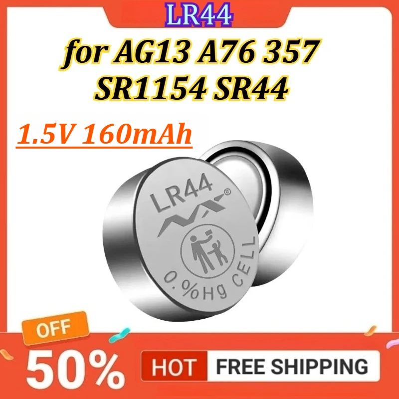 LR44 AG13 1.5V 160mAh Battery A76 357 SR1154 SR44 LR44 Alkaline Batteries For Watch Calculator Toy Button Coin Cell
LR44 AG13 1.5V 160mAh Battery A76 357 SR1154 SR44 LR44 Alkaline Batteries For Watch Calculator Toy Button Coin Cell