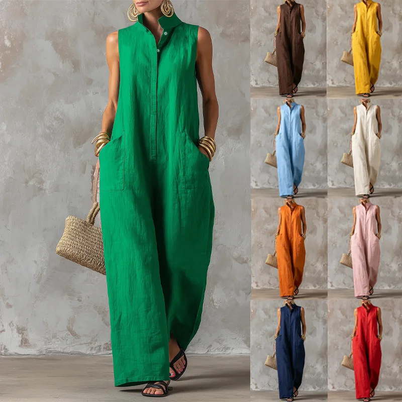 Women's Summer Sleeveless Jumpsuit Button Up Stand Collar Loose One Piece Overalls Wide Leg Long Pants Rompers with Pockets
Women's Summer Sleeveless Jumpsuit Button Up Stand Collar Loose One Piece Overalls Wide Leg Long Pants Rompers with Pockets