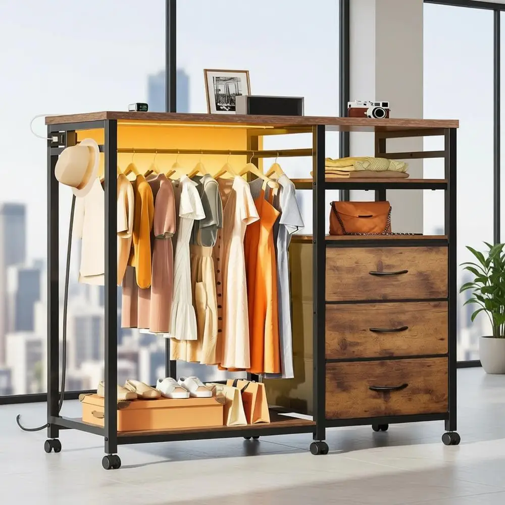 Bedroom Hanging Rack, 3-Drawer Dresser with LED Lights & Charging Station, Fabric Drawers & Chest of Drawers, Storage Organizer
Bedroom Hanging Rack, 3-Drawer Dresser with LED Lights & Charging Station, Fabric Drawers & Chest of Drawers, Storage Organizer