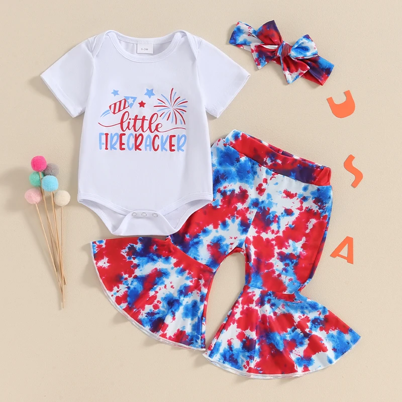 

2024-03-13 Lioraitiin Toddler Baby Girl Outfits Letter Print Short Sleeve Romper+Elastic Waist Tie Dye Flare Pants+Headband Set