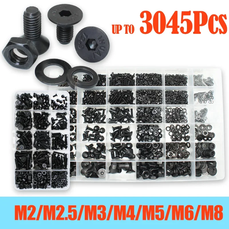 3045p/set Hex Socket Flat Head Screws Bolts Nuts Assortment Kit M2 M2.5 M3 M4 M5 M6 M8 Black Grade 10.9 Steel with Washers Set
3045p/set Hex Socket Flat Head Screws Bolts Nuts Assortment Kit M2 M2.5 M3 M4 M5 M6 M8 Black Grade 10.9 Steel with Washers Set