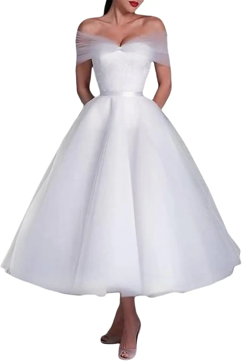 Women's Off The Shoulder Tea Lenght Wedding Dress for Bride Tulle Midi A Line Simple Bridal Dress for Women Simple Wedding Dress
Women's Off The Shoulder Tea Lenght Wedding Dress for Bride Tulle Midi A Line Simple Bridal Dress for Women Simple Wedding Dress
