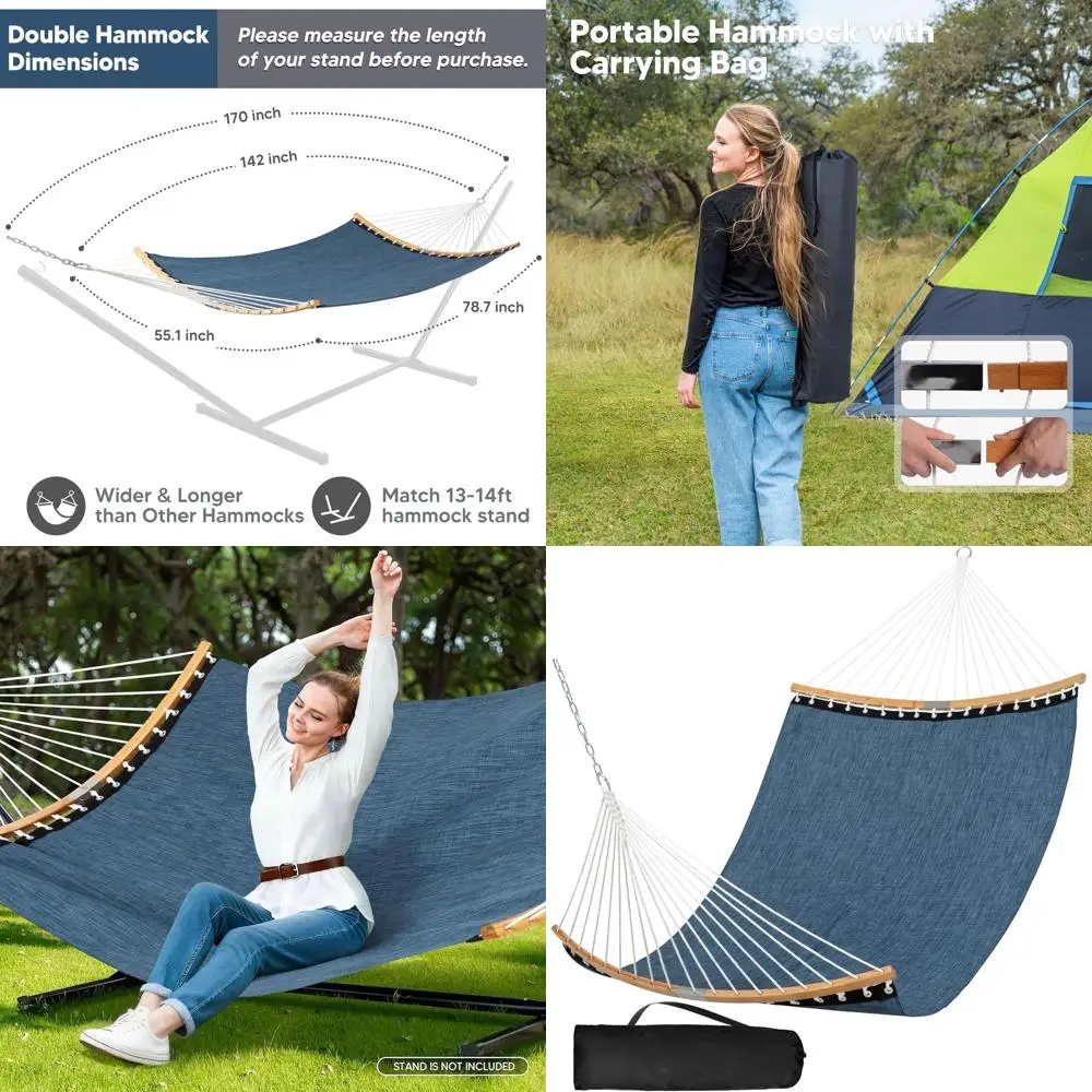 Two-Person Heavy-Duty Curved Bar Tree Hammock for Outdoor Relaxation, Poolside, Garden, Backyard, Patio, 450lbs Capacity, Navy B
Two-Person Heavy-Duty Curved Bar Tree Hammock for Outdoor Relaxation, Poolside, Garden, Backyard, Patio, 450lbs Capacity, Navy B