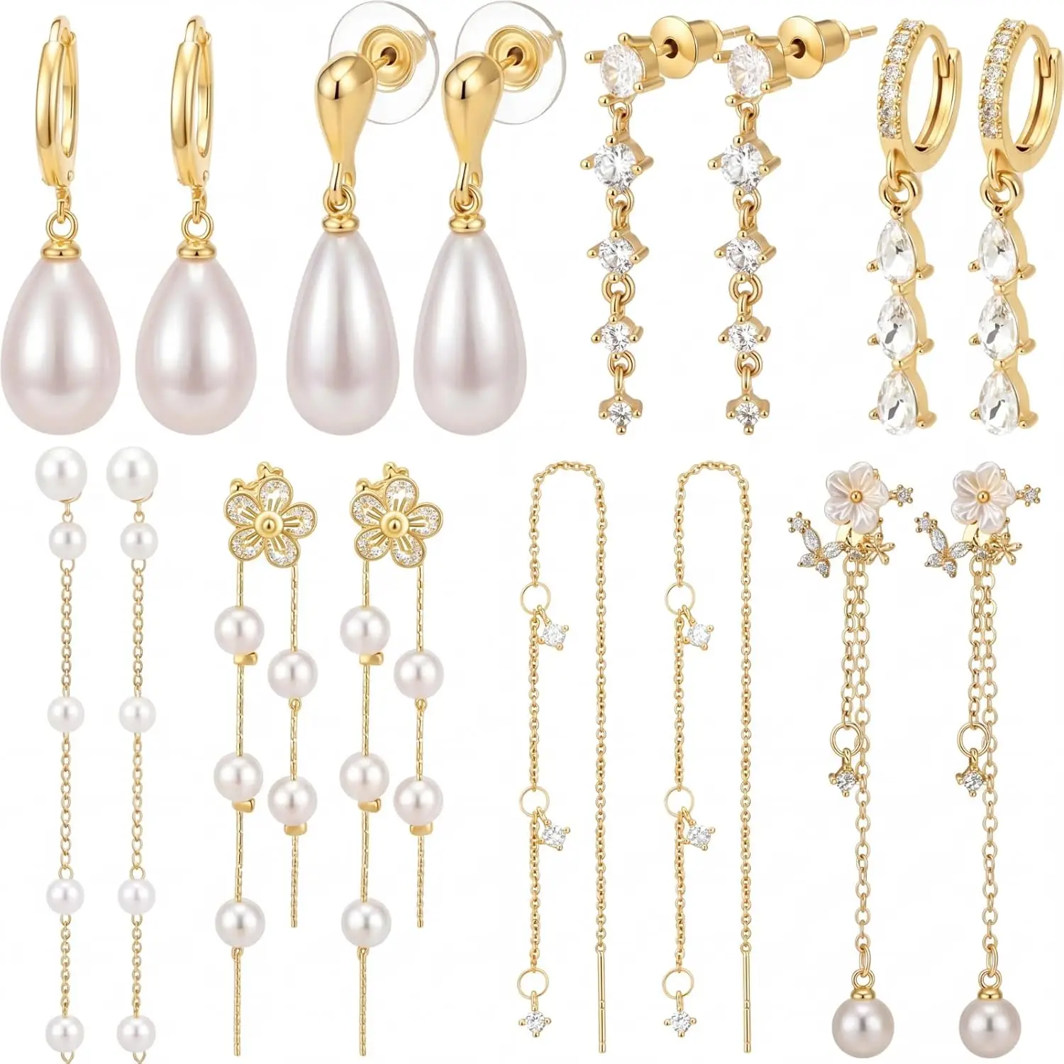 Gold Pearl Dangle Earrings Set for Women, Long Tassel Chain Drop with Sparkling CZ, Floral Threader
Gold Pearl Dangle Earrings Set for Women, Long Tassel Chain Drop with Sparkling CZ, Floral Threader