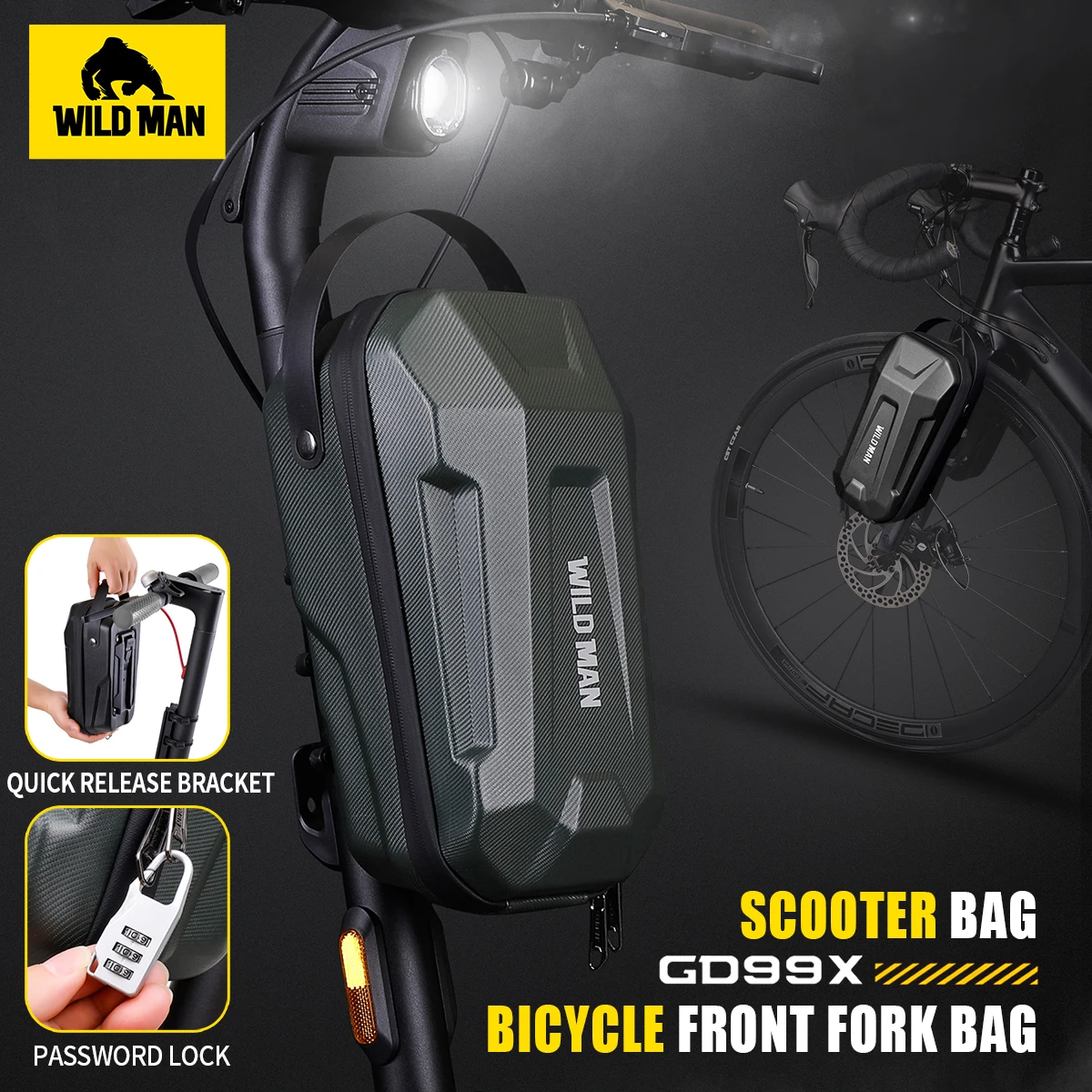 WILD MAN Electric Scooter Handlebar Bag EVA Hard Shell Quick-Detachable Front Storage Bag with Waterproof Design
WILD MAN Electric Scooter Handlebar Bag EVA Hard Shell Quick-Detachable Front Storage Bag with Waterproof Design