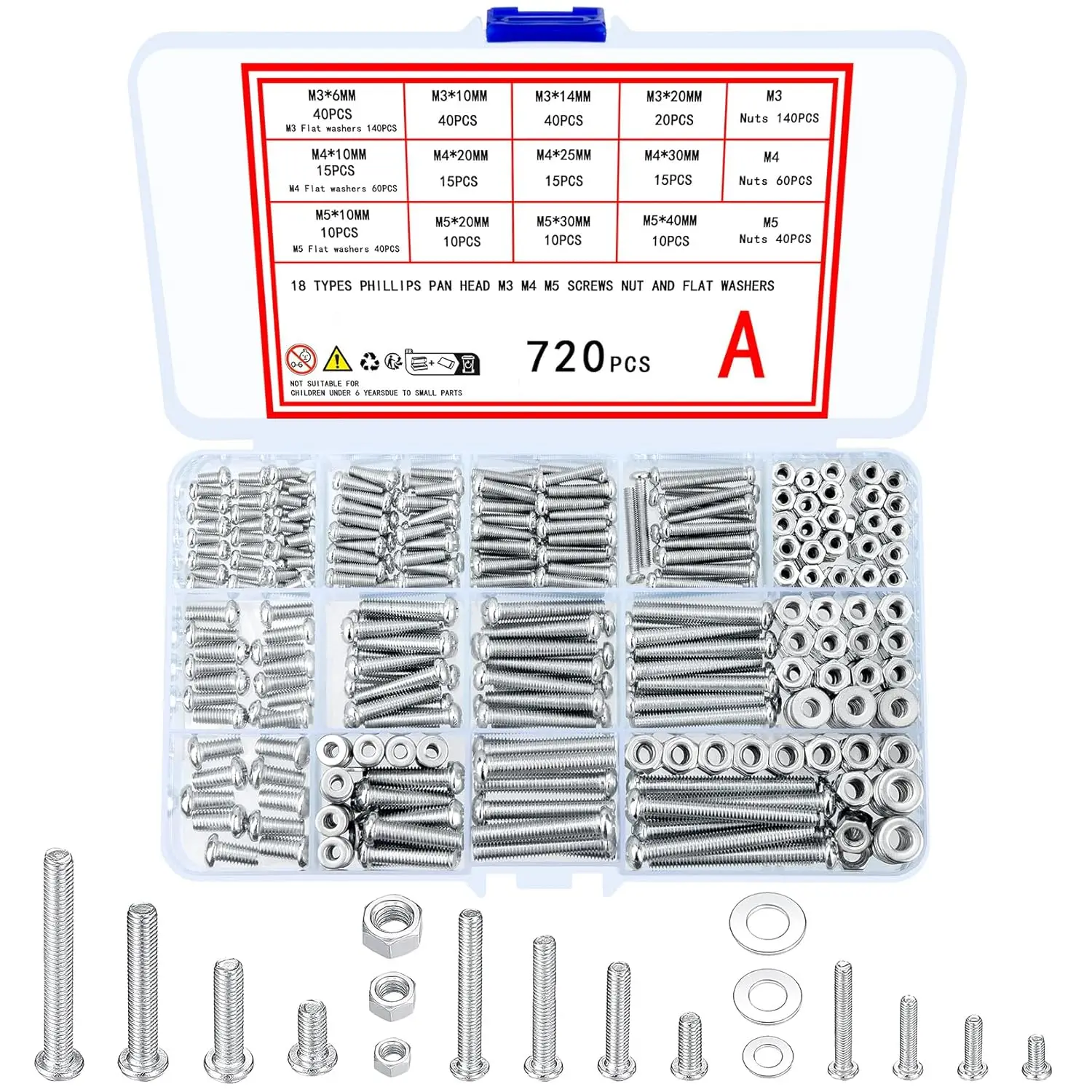 720 Pcs Nuts and Bolts Assortment Kit, M3 M4 M5 Carbon Steel Screws with Nuts and Washers in Storage Case
720 Pcs Nuts and Bolts Assortment Kit, M3 M4 M5 Carbon Steel Screws with Nuts and Washers in Storage Case
