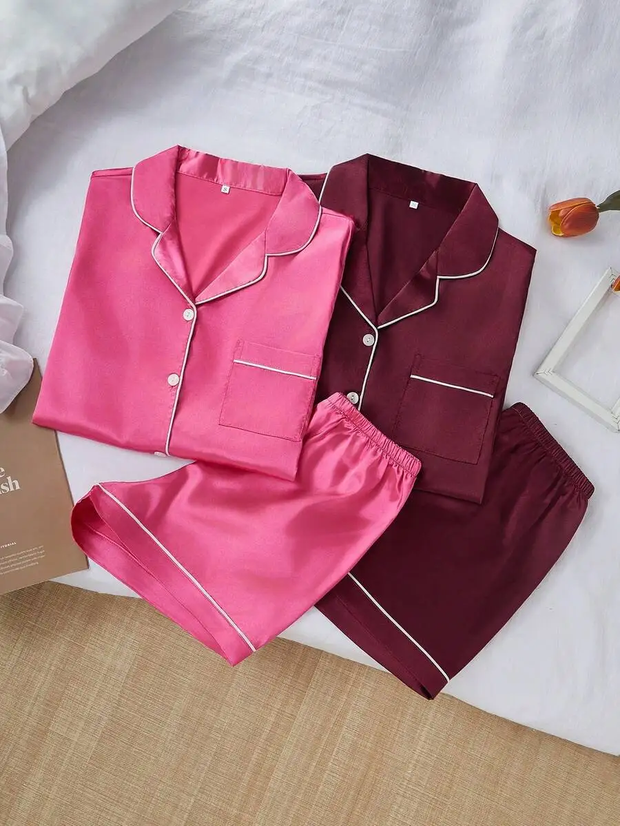 4-Piece Faux Silk Pajama Set With Turn-Down Collar Short Sleeve And Shorts
4-Piece Faux Silk Pajama Set With Turn-Down Collar Short Sleeve And Shorts