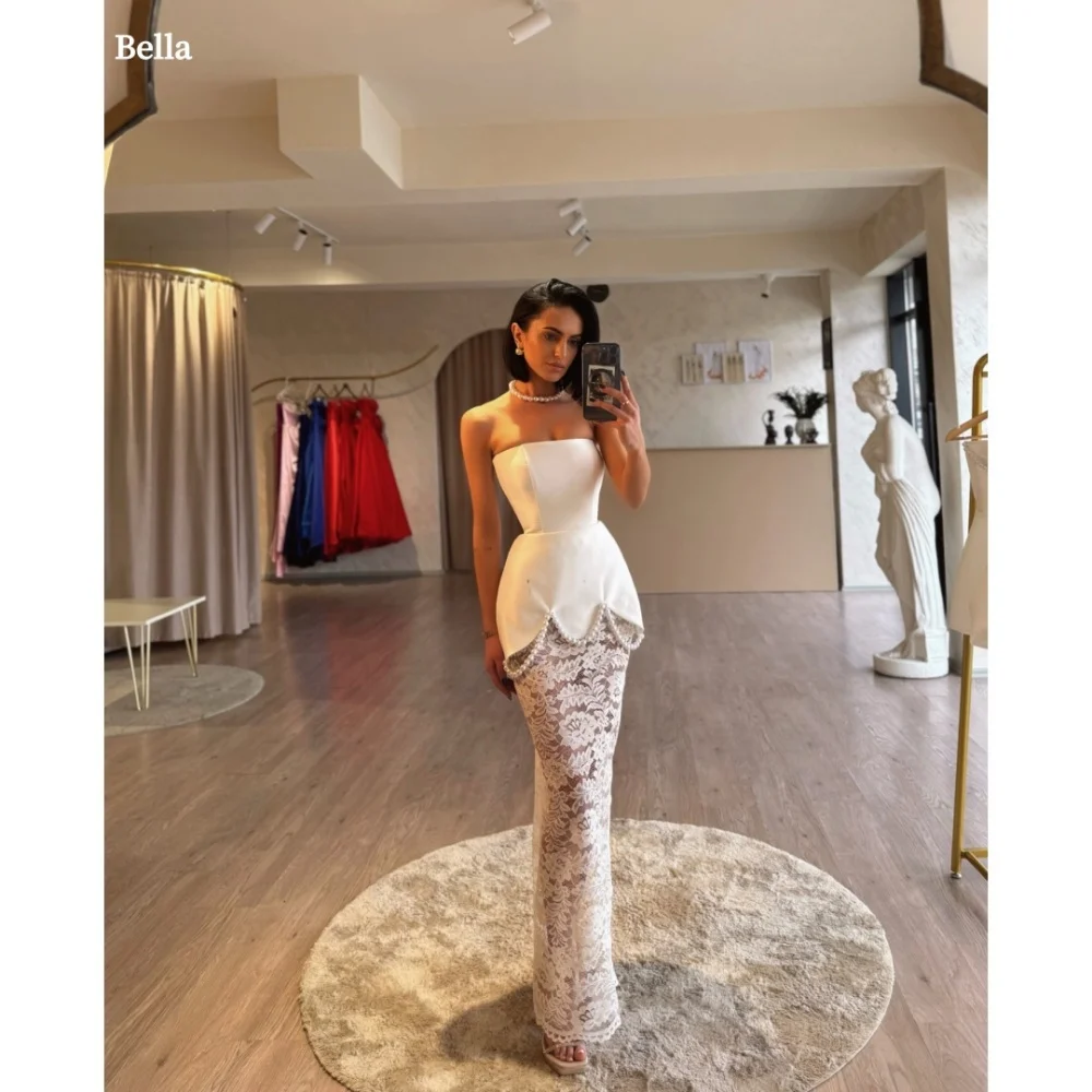 Bella Customized White Pearls Two-Piece Set Strapless robes de soirée Backless Satin Party Dresses Sleeveless Prom Dress 2025
Bella Customized White Pearls Two-Piece Set Strapless robes de soirée Backless Satin Party Dresses Sleeveless Prom Dress 2025