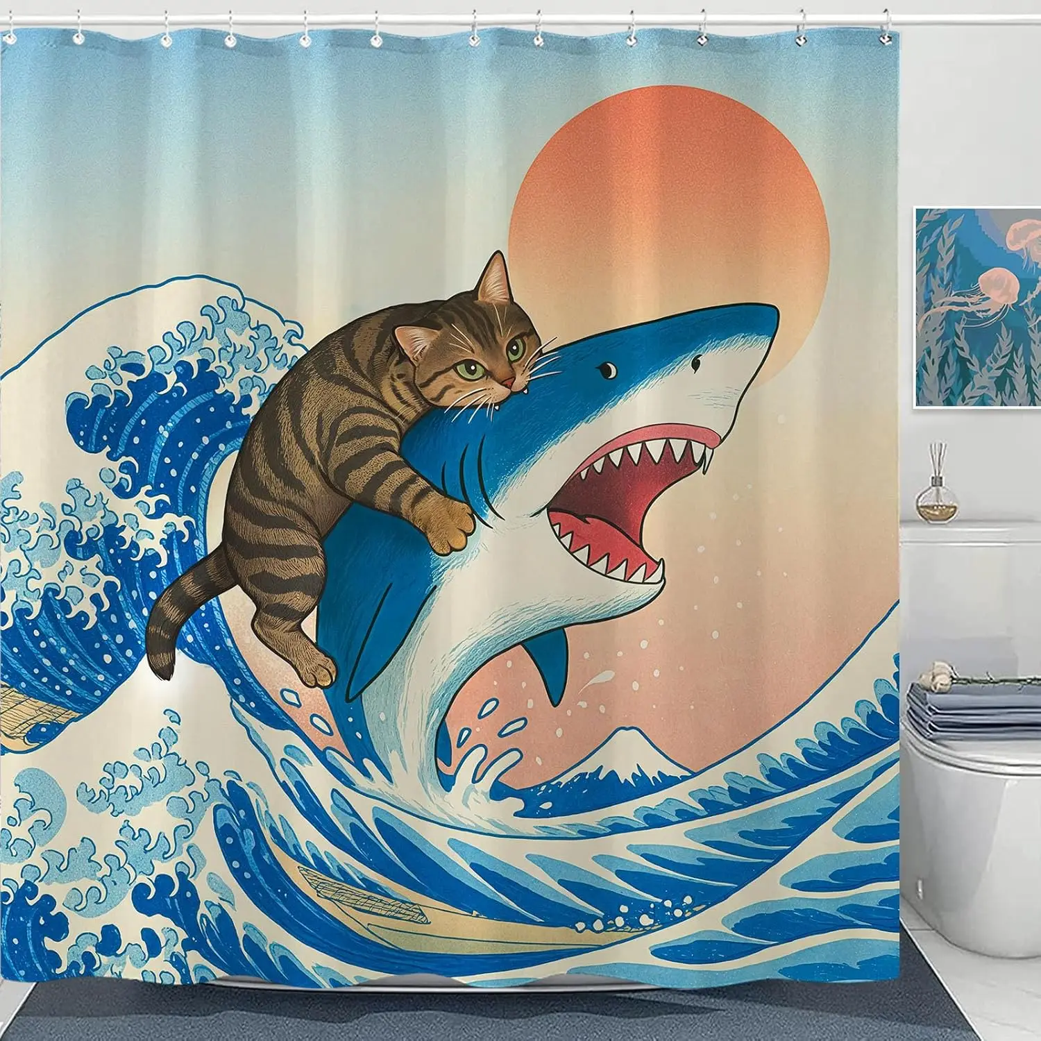 Cartoon Cat Riding Shark Ocean Wave Shower Curtain Waterproof Polyester Bathroom Decor Nautical Animal Art Curtain
Cartoon Cat Riding Shark Ocean Wave Shower Curtain Waterproof Polyester Bathroom Decor Nautical Animal Art Curtain