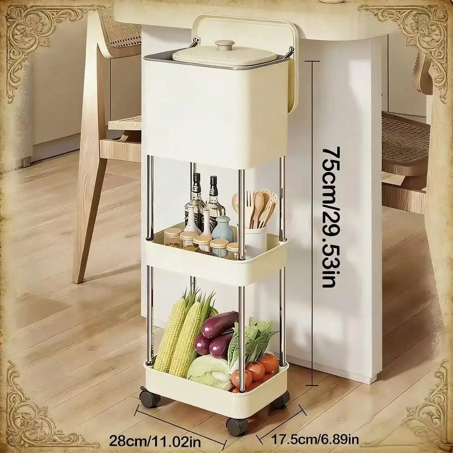 Multi-Tier Mobile Trash Can With Storage Shelves And Vegetable Organizer
Multi-Tier Mobile Trash Can With Storage Shelves And Vegetable Organizer