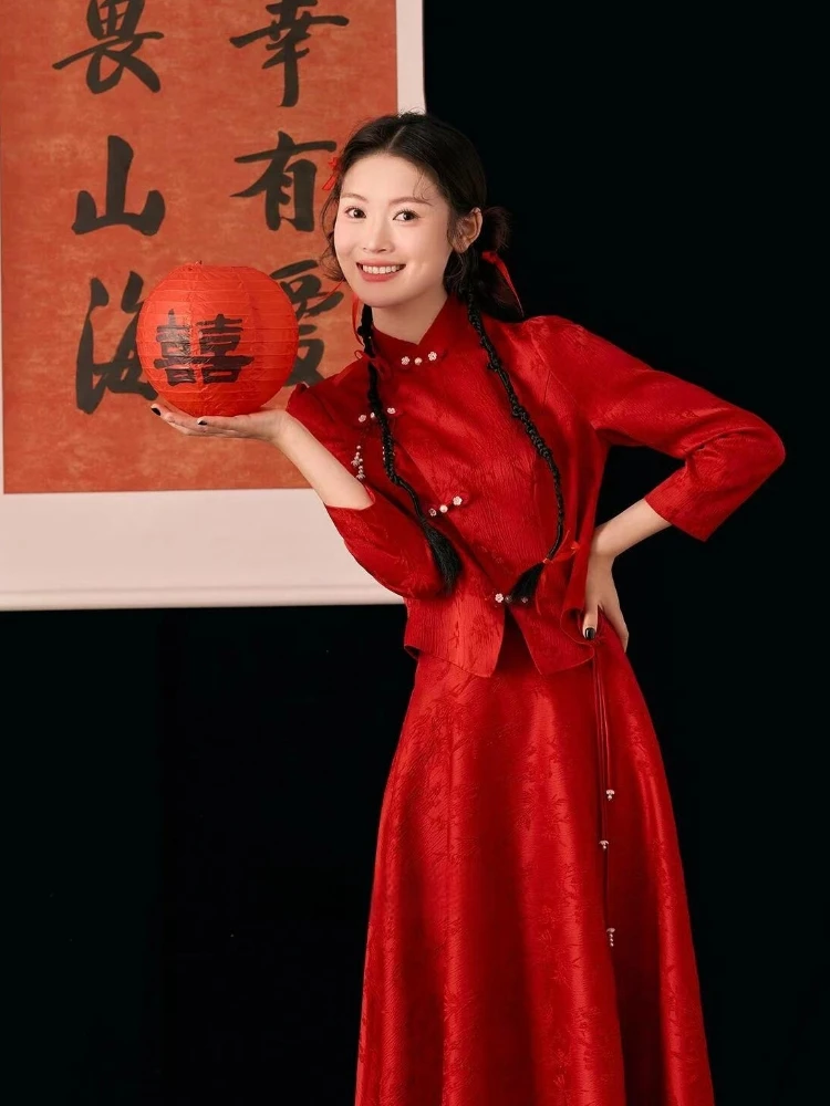 Red Wedding Dr Set New Chinese Sle Engagement Ceremony Long Sve Floor Length Gown for Bride Women's Faion
Red Wedding Dr Set New Chinese Sle Engagement Ceremony Long Sve Floor Length Gown for Bride Women's Faion