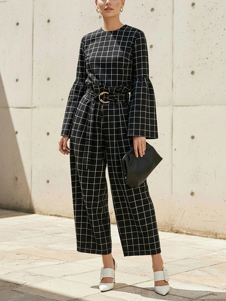 UOOZEE Office Lady Elegant Plaid Two-Piece Set Fashion Contrast Color Flared Sleeves Blouses & Waist High Waisted Belted Pants
UOOZEE Office Lady Elegant Plaid Two-Piece Set Fashion Contrast Color Flared Sleeves Blouses & Waist High Waisted Belted Pants