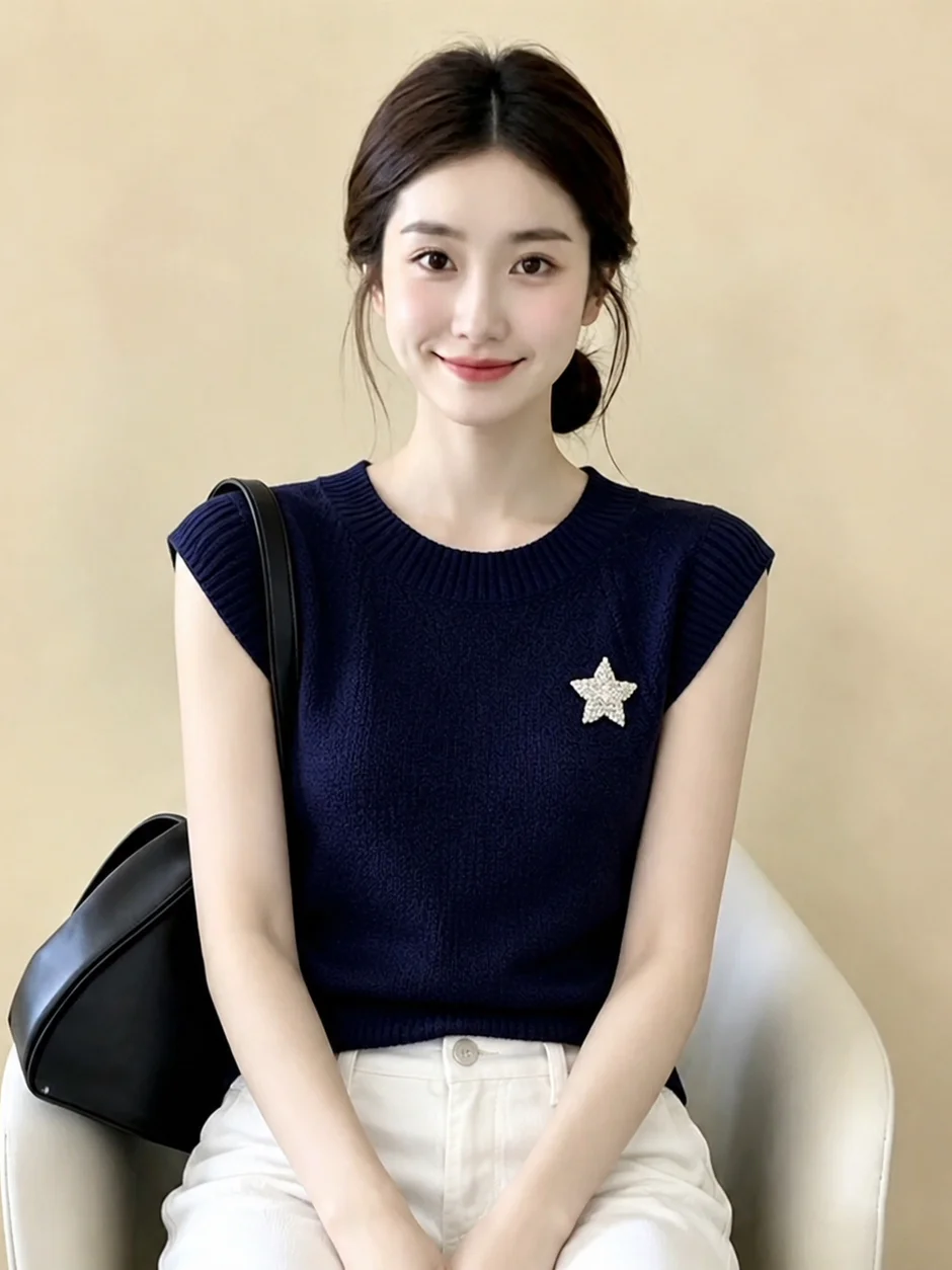 Slim Fit Knitted Vest Gentle Slimming Embroidered Stars Korean Style Summer Fashionable Top Women's Clothing Outerwear
Slim Fit Knitted Vest Gentle Slimming Embroidered Stars Korean Style Summer Fashionable Top Women's Clothing Outerwear