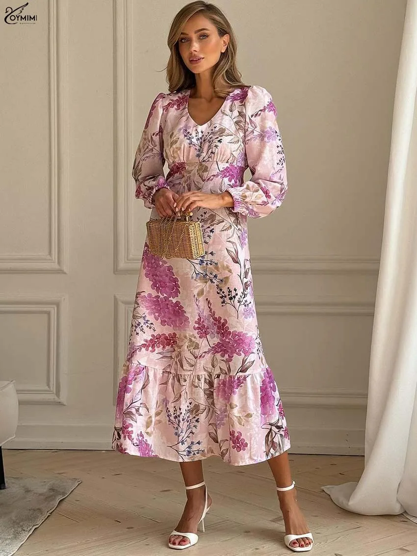 Oymimi Elegant Purple Print Dresses 2025 Woman Fashion V-Neck Long Sleeve Lace-Up Dress Autumn High Waist Mid-Calf Dress Female
Oymimi Elegant Purple Print Dresses 2025 Woman Fashion V-Neck Long Sleeve Lace-Up Dress Autumn High Waist Mid-Calf Dress Female