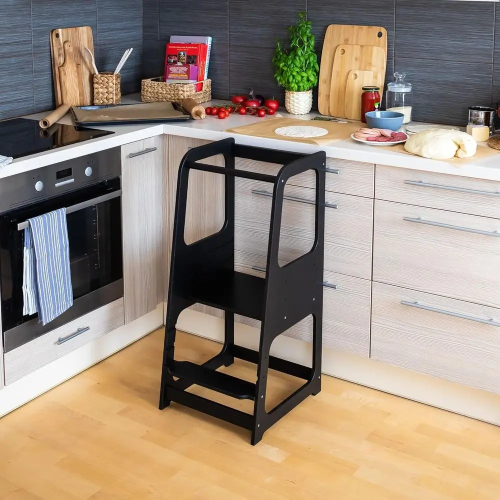 Compact Black Toddler Kitchen Step Stool with Activity Features
Compact Black Toddler Kitchen Step Stool with Activity Features