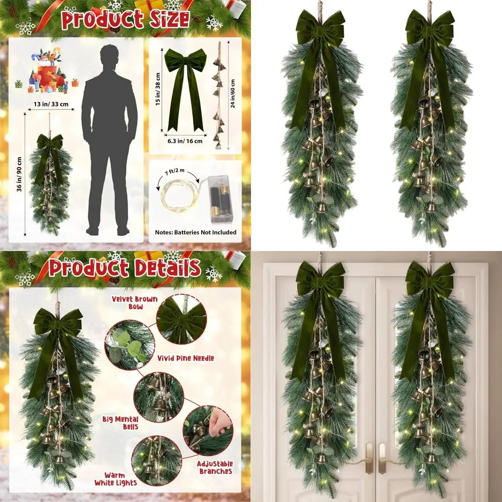 Set of 2 36'' Christmas Teardrop Swags with Lights, Bells, Velvet Bows, and Artificial Pine Needles for Indoor/Outdoor Holiday D
Set of 2 36'' Christmas Teardrop Swags with Lights, Bells, Velvet Bows, and Artificial Pine Needles for Indoor/Outdoor Holiday D
