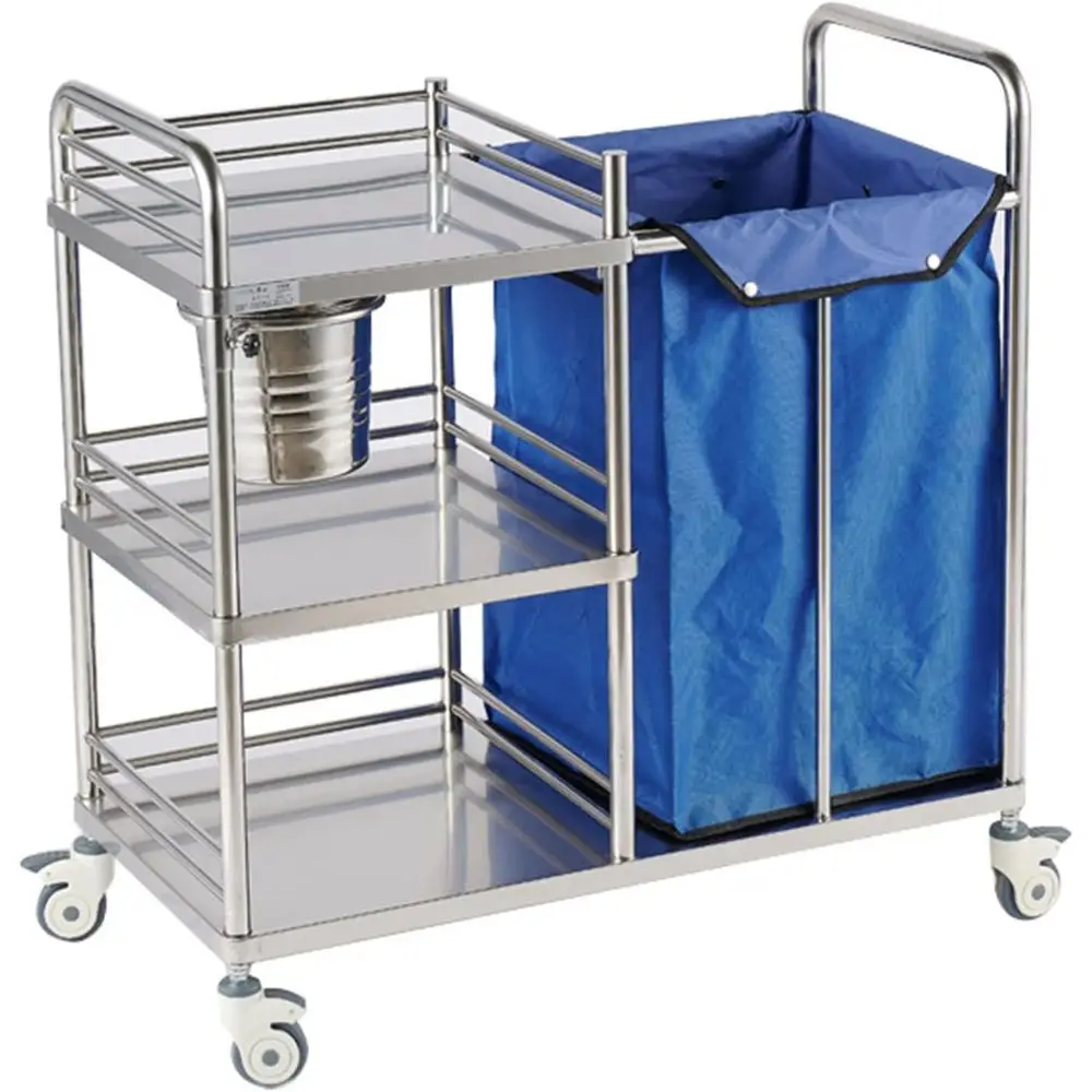 Прочная гостиничная тележка из нержавеющей стали 304 для обслуживания комнаты, портативная тележка для сбора мусора с местом для хранения и держателем бочки
Прочная гостиничная тележка из нержавеющей стали 304 для обслуживания комнаты, портативная тележка для сбора мусора с местом для хранения и держателем бочки