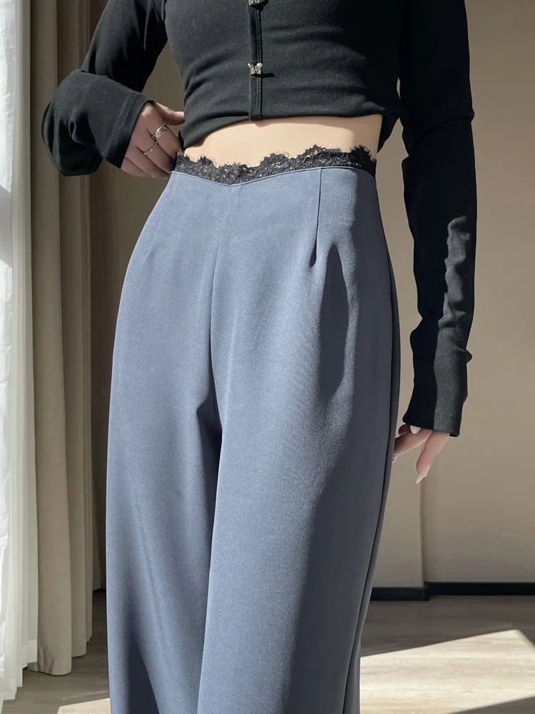 Grey Lace Splice Wide Leg Pants Women's Spring Autumn High Waist Straight Cut Drapey Loose Fit Suit Style Trousers
Grey Lace Splice Wide Leg Pants Women's Spring Autumn High Waist Straight Cut Drapey Loose Fit Suit Style Trousers