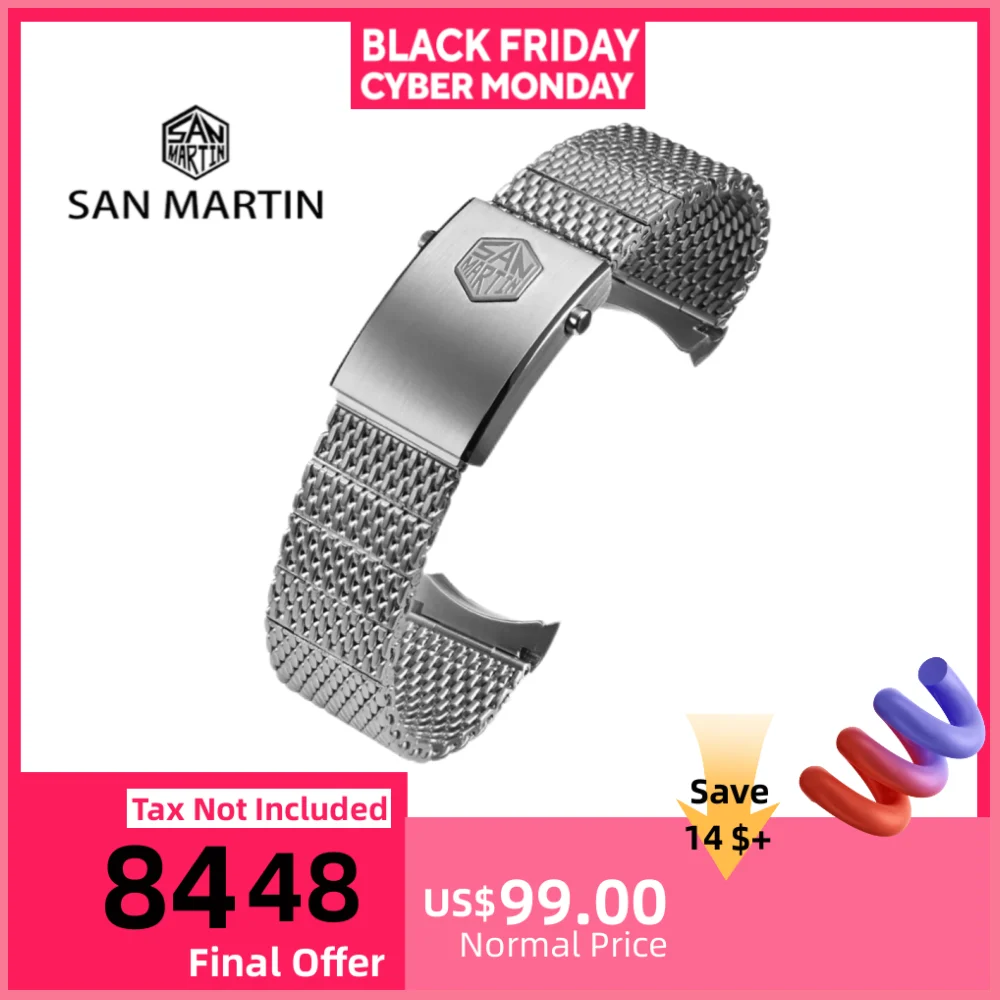 San Martin Flexible Milanese Mesh Bracelet 20mm Brushed Silver Steel Watch Band Fly Adjust Foldover Clasp SN0054F Luxury Classic
San Martin Flexible Milanese Mesh Bracelet 20mm Brushed Silver Steel Watch Band Fly Adjust Foldover Clasp SN0054F Luxury Classic