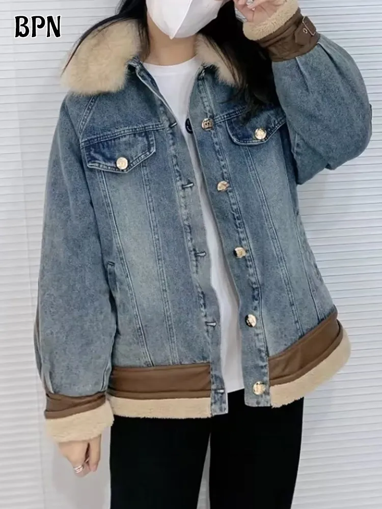BPN Hit Color Fashion Denim Thick Jackets For Women Lapel Loose Long Sleeve Single Breasted Winter Coats Female Style Clothing
BPN Hit Color Fashion Denim Thick Jackets For Women Lapel Loose Long Sleeve Single Breasted Winter Coats Female Style Clothing