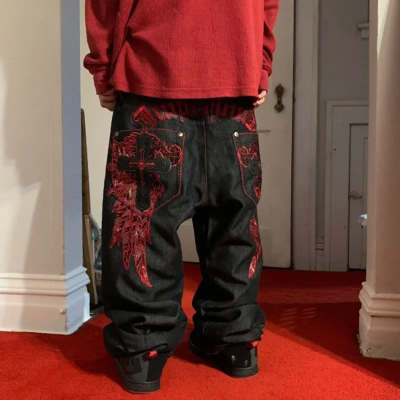 Cross Gothic Embroidery Dark Black Red Pattern Y2k High Waist Jeans Men Clothing 2000s American Retro Street Popular Casual Pant
Cross Gothic Embroidery Dark Black Red Pattern Y2k High Waist Jeans Men Clothing 2000s American Retro Street Popular Casual Pant