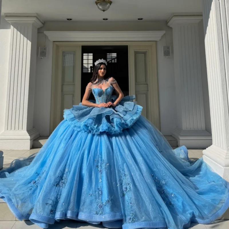 Blue Quinceanera Dresses Off the Shoulder Glitter Decal Long tail Layering Flower Vestido De 15 Quinceanera Customize
Blue Quinceanera Dresses Off the Shoulder Glitter Decal Long tail Layering Flower Vestido De 15 Quinceanera Customize