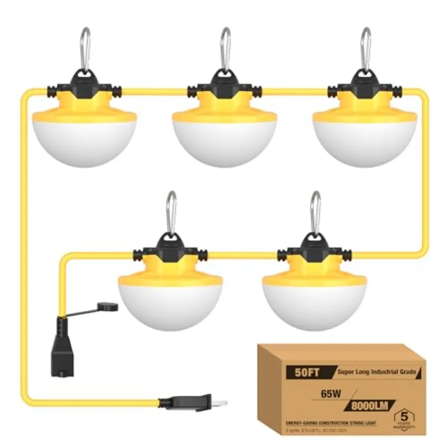 8000LM 65W Construction String Lights 50FT Industrial String Work Lights IP65 Waterproof 18AWG Wire 5000K Super Bright for Cons
8000LM 65W Construction String Lights 50FT Industrial String Work Lights IP65 Waterproof 18AWG Wire 5000K Super Bright for Cons