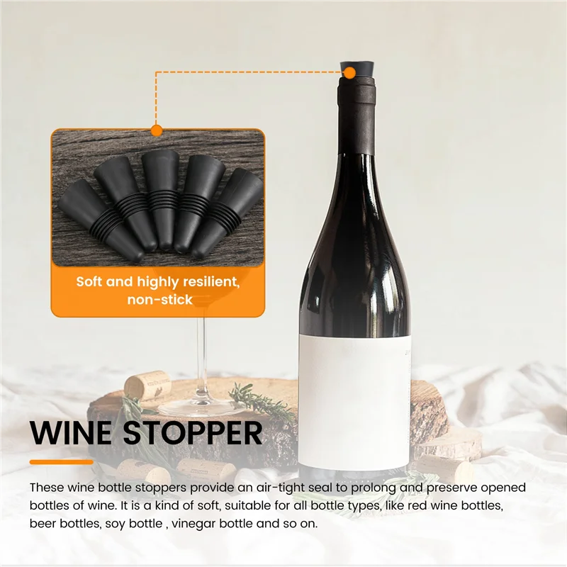 A88Z Wine Stoppers (Set Of 5), Silicone Wine Bottle Stopper And Beverage Bottle Stoppers, Black
A88Z Wine Stoppers (Set Of 5), Silicone Wine Bottle Stopper And Beverage Bottle Stoppers, Black