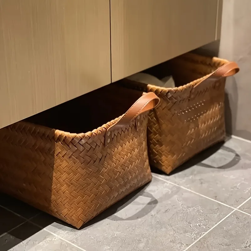 2pcs Handwoven Plastic Storage Baskets with Leather Handles-Durable, Stackable Organizer for Kitchen, Bathroom, Bedroom & Dorm
2pcs Handwoven Plastic Storage Baskets with Leather Handles-Durable, Stackable Organizer for Kitchen, Bathroom, Bedroom & Dorm
