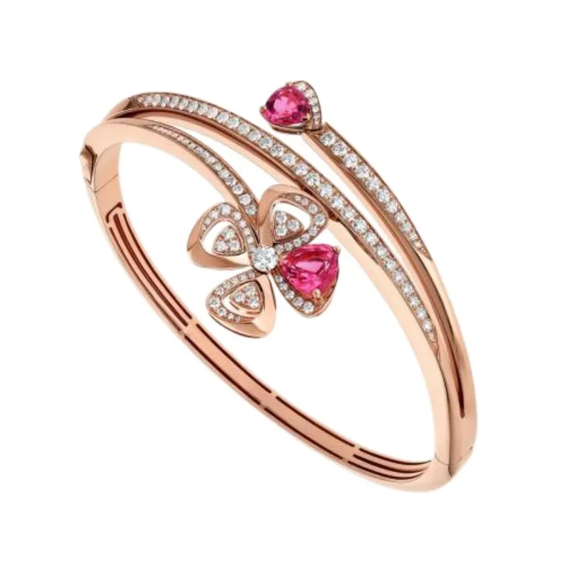 Crossover Floral Bangle with Pavé Diamonds and Pink Gemstone Accents
Crossover Floral Bangle with Pavé Diamonds and Pink Gemstone Accents