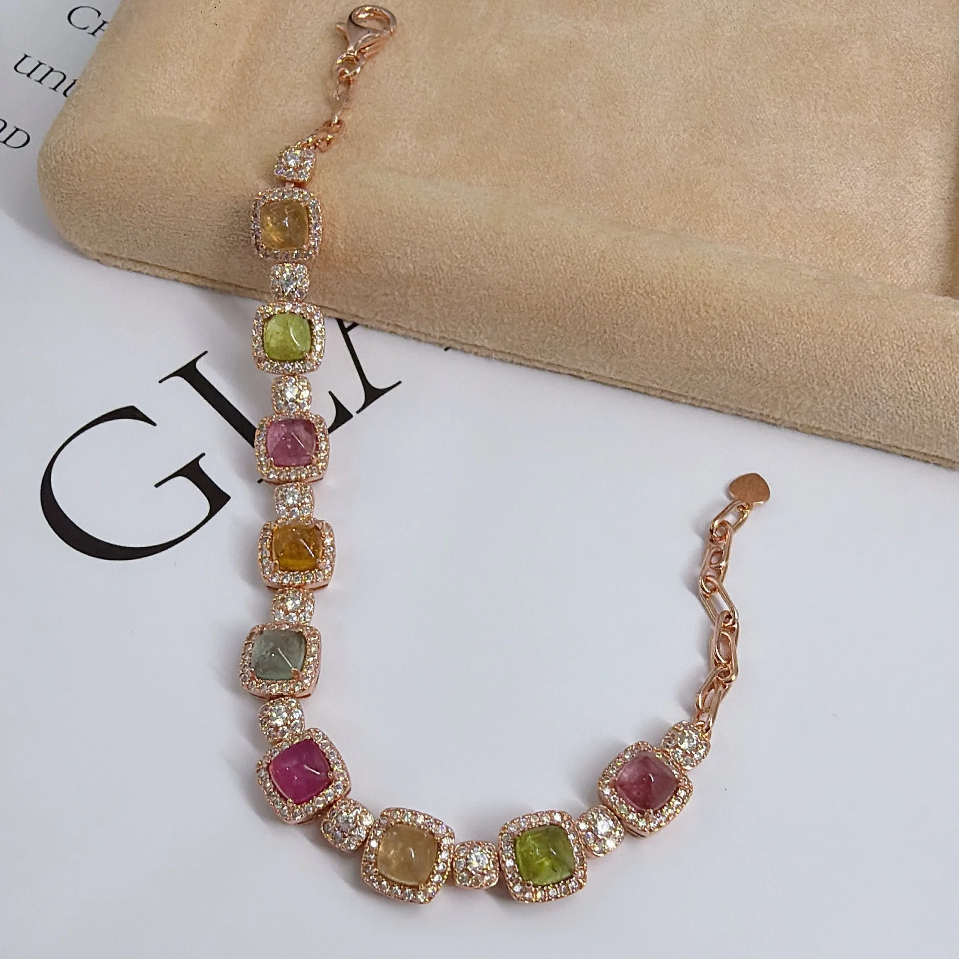 Natural Multi-color Tourmaline Tennis Bracelet 925 Silver Rose Gold Plated Halo Setting Fine Jewelry for Women
Natural Multi-color Tourmaline Tennis Bracelet 925 Silver Rose Gold Plated Halo Setting Fine Jewelry for Women