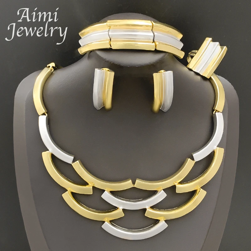 Geometric Two Tones Collar Choker 4Pcs Jewelry Set Women Chunky Necklace Earring Bracelet Ring Dubai Bridal Wedding Party Gifts
Geometric Two Tones Collar Choker 4Pcs Jewelry Set Women Chunky Necklace Earring Bracelet Ring Dubai Bridal Wedding Party Gifts