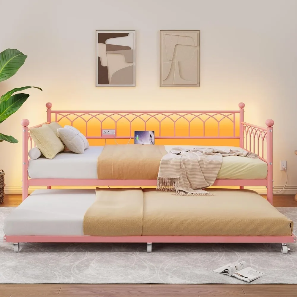 Twin Daybed with Trundle, Day Bed with Charging Station & LED Lights, Metal Sofa Bed Frame with Pull Out Trundle
Twin Daybed with Trundle, Day Bed with Charging Station & LED Lights, Metal Sofa Bed Frame with Pull Out Trundle